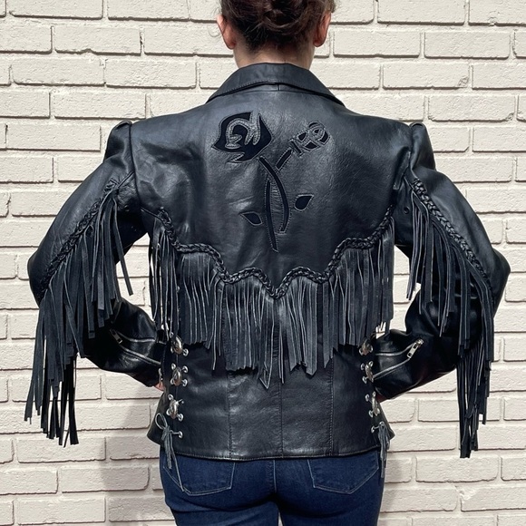 VINTAGE ALCATRAZ BLACK LEATHER FRINGE BRAIDED CONCHO ZIP ROCKSTAR LEATHER JACKET - Picture 4 of 17